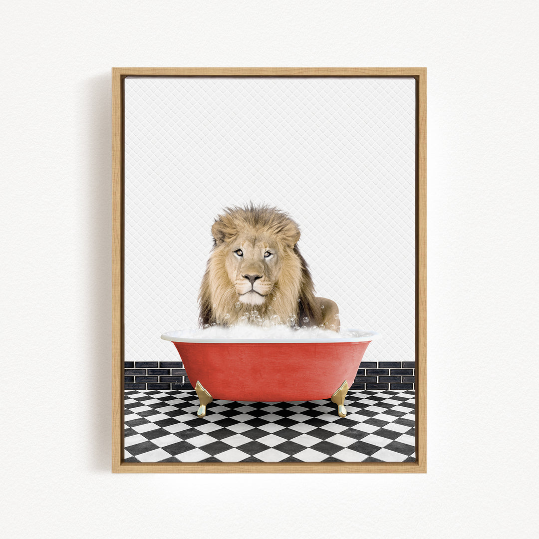 A lion sitting in a red bathtub filled with water, surrounded by a black and white checkered floor.