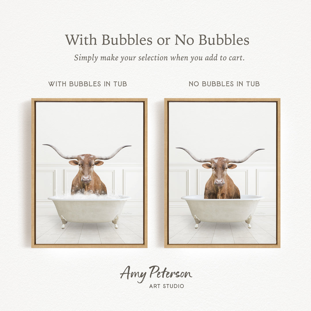 The image is a collage of two framed pictures, each featuring a bull with horns in a bathtub. The bull in the tub has bubbles, while the bull in the tub without bubbles is depicted in a plain white bathtub.