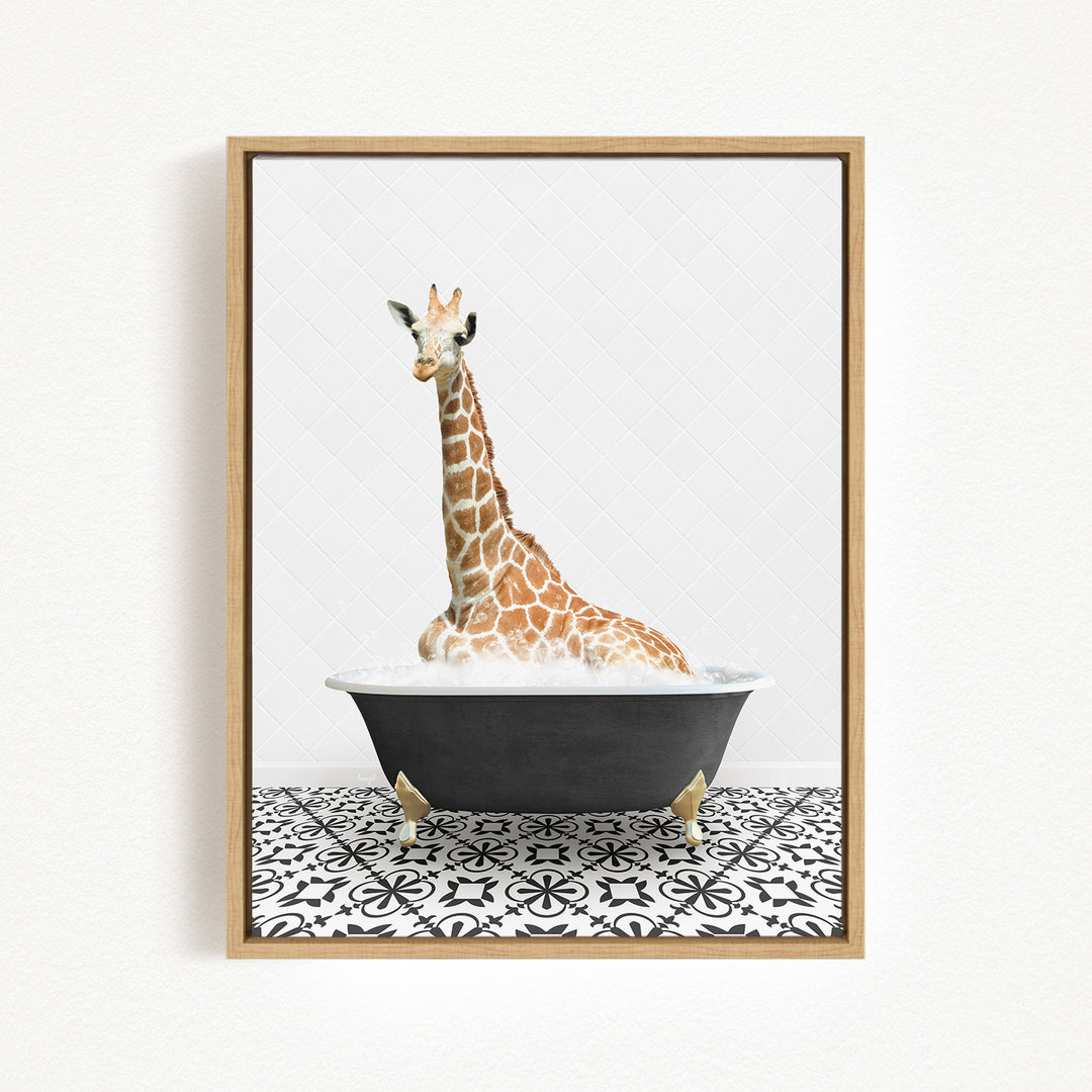 A giraffe sitting in a bathtub filled with water, surrounded by a black and white patterned floor.