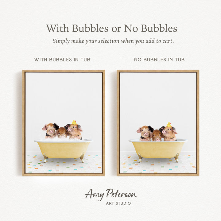 The image is a collage of two framed pictures, each depicting a group of three small animals, likely hamsters, sitting in a bathtub. The text above the images reads "With Bubbles or No Bubbles" and below the images, it says "Simply make your selection when you add to cart."