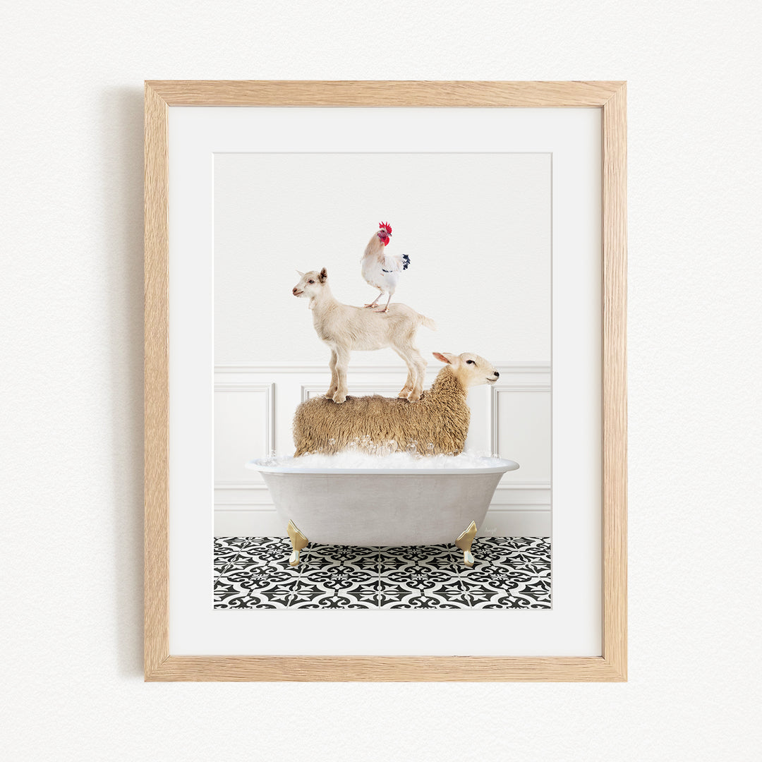 A framed image depicting a goat standing on a sheep's back while a rooster stands on top of the sheep, all in a bathtub.