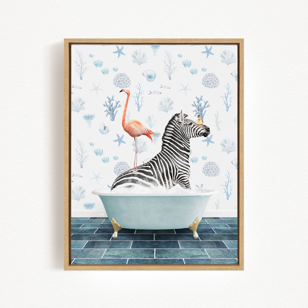 A zebra is sitting in a bathtub, surrounded by a pink flamingo and a yellow bird, against a backdrop of blue and white seashells and starfish.