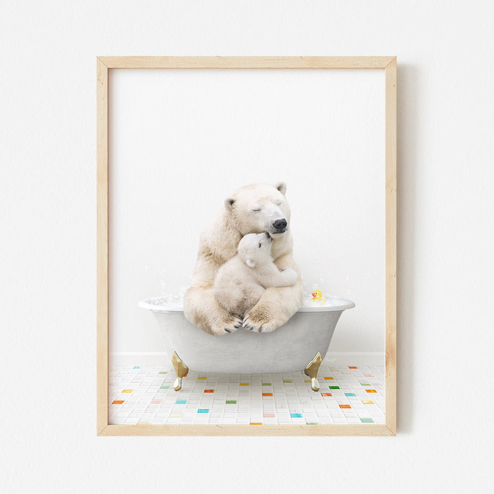 a polar bear and her cub in a bathtub