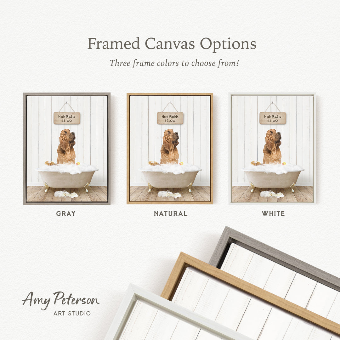 The image is a framed canvas option featuring three different colored frames with a picture of a dog sitting in a bathtub.