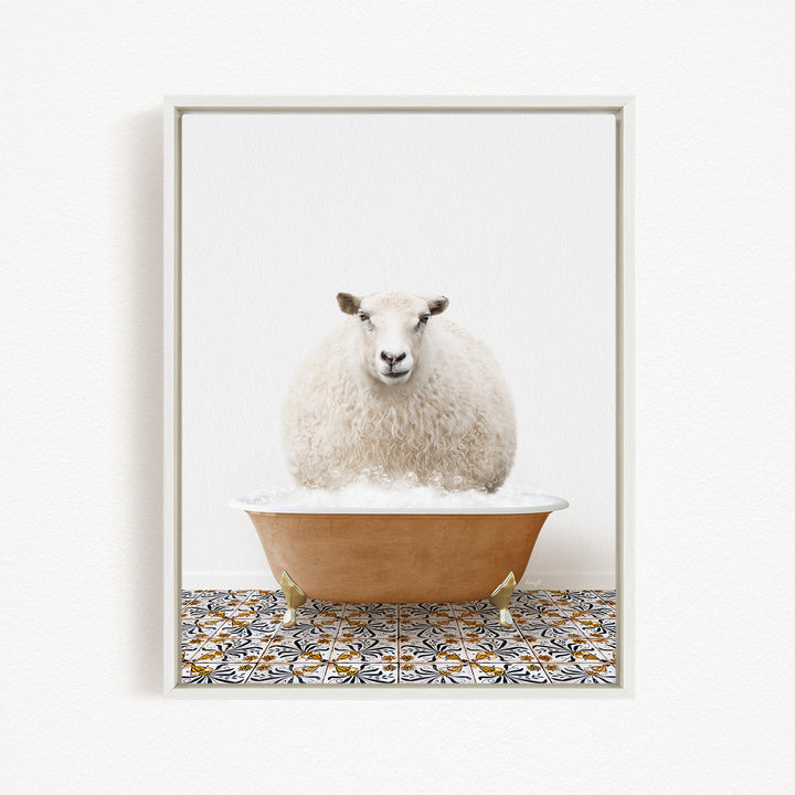 A fluffy white sheep sits in a brown bathtub filled with bubbles, surrounded by a patterned tile floor.