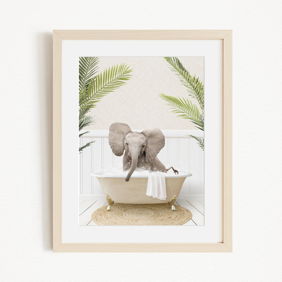 A baby elephant sitting in a bathtub filled with water, surrounded by palm leaves, creating a whimsical and playful scene.