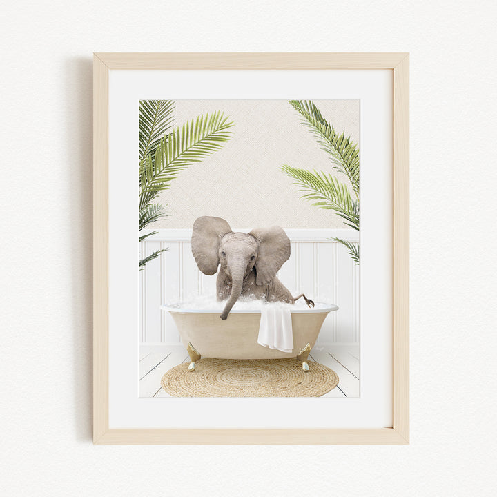 A baby elephant sitting in a bathtub filled with water, surrounded by palm leaves, creating a whimsical and playful scene.