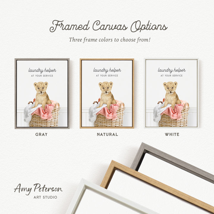 The image is a framed canvas with three different color options for a laundry helper, including gray, natural, and white.
