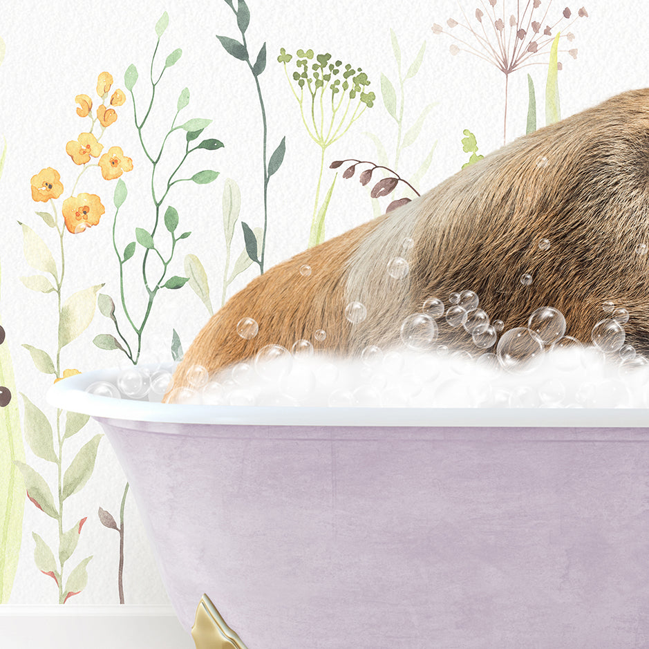 a dog taking a bath in a purple bathtub