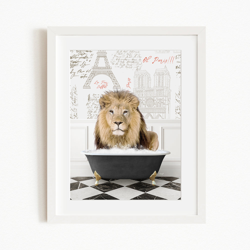 A lion is sitting in a bathtub, surrounded by a checkered floor and a wall with the Eiffel Tower and other Parisian landmarks.