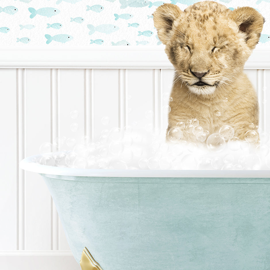 a lion cub sitting in a bathtub filled with bubbles