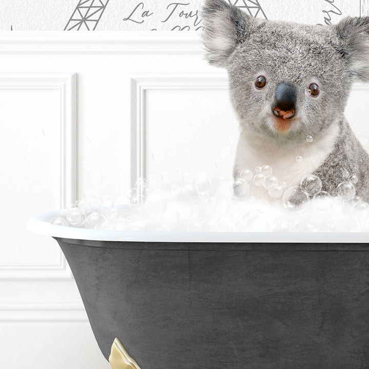 a koala is sitting in a bathtub full of bubbles