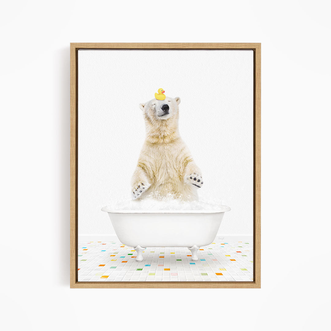 A polar bear standing in a white bathtub, with a rubber duck perched on its head.
