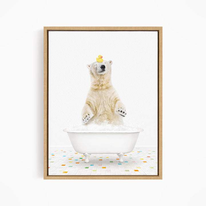 A polar bear standing in a white bathtub, with a rubber duck perched on its head.