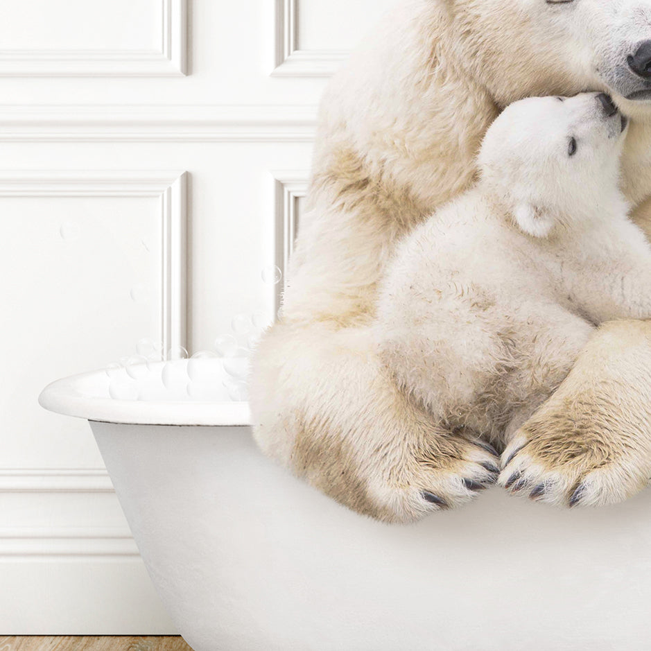 a mother polar bear and her cub cuddle in a bathtub