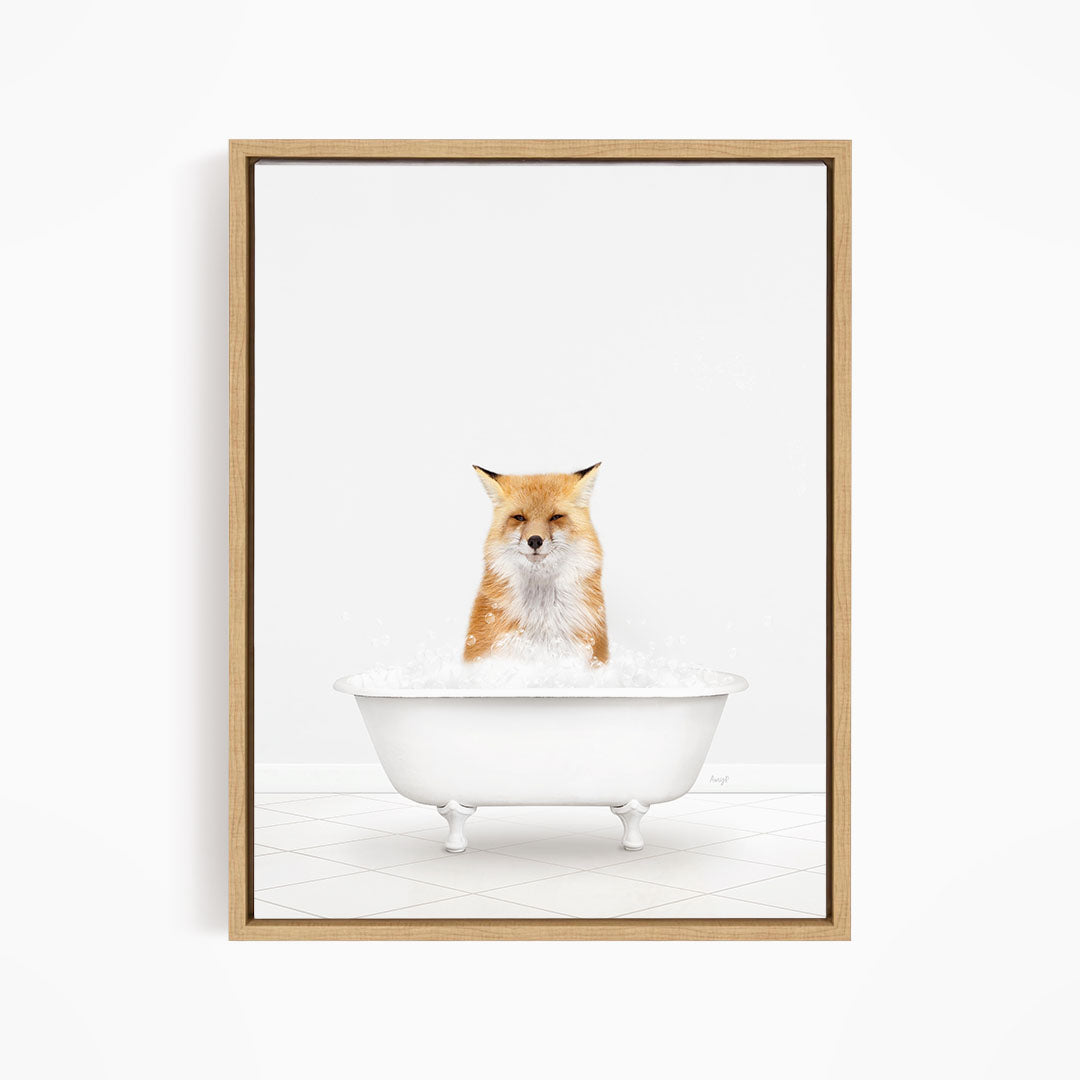A red fox sitting in a white bathtub filled with water.