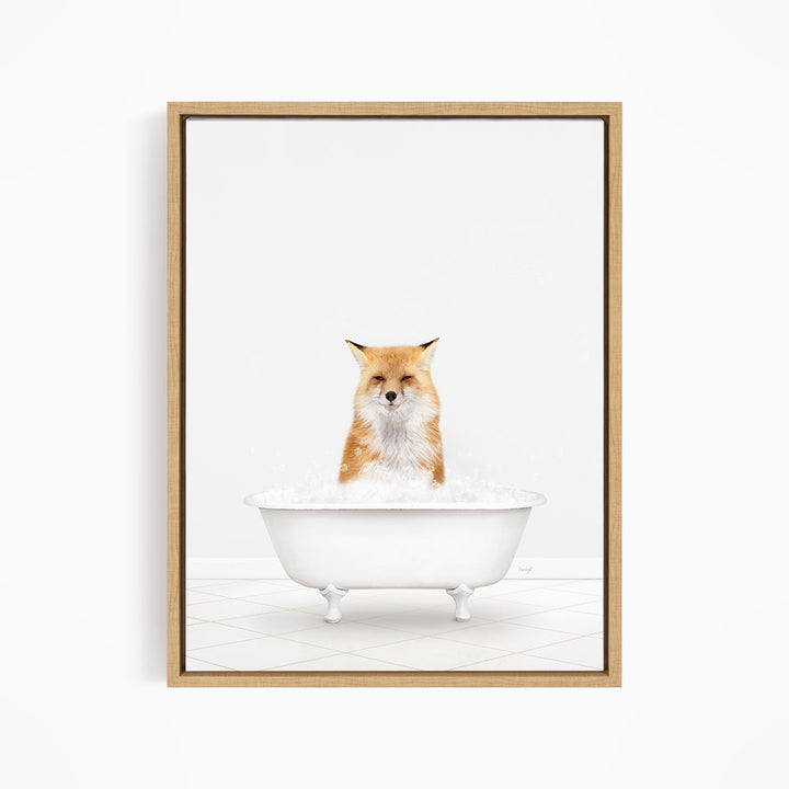 A red fox sitting in a white bathtub filled with water.