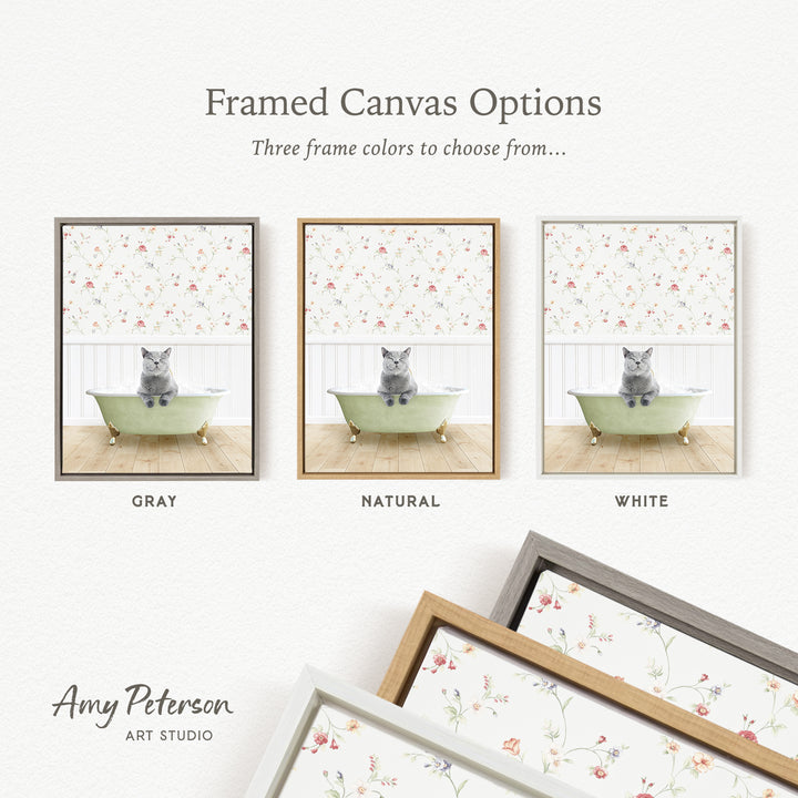 three framed canvas options, each featuring a cat sitting in a bathtub with different colored frames.