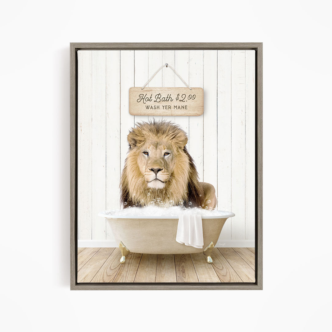 A lion sitting in a bathtub, with a sign above it that says "Hot Bath $2.00 WASH YOUR MANE".
