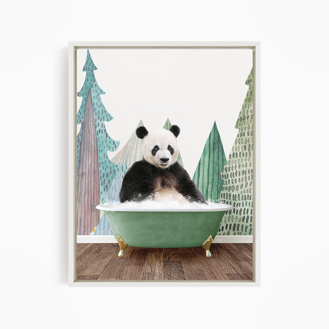 A panda bear sitting in a green bathtub, surrounded by trees and a forest-like background.