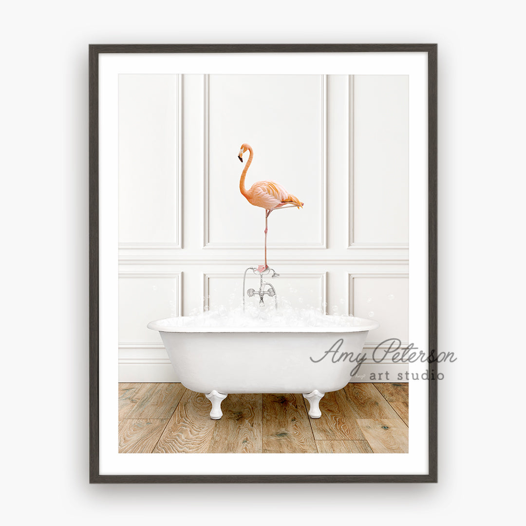 a flamingo standing on top of a bathtub in a bathroom