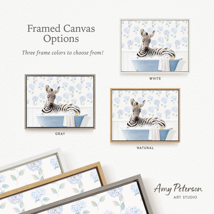 The image is a framed canvas with three different color options for a painting of a zebra in a bathtub, including white, gray, and natural frames.
