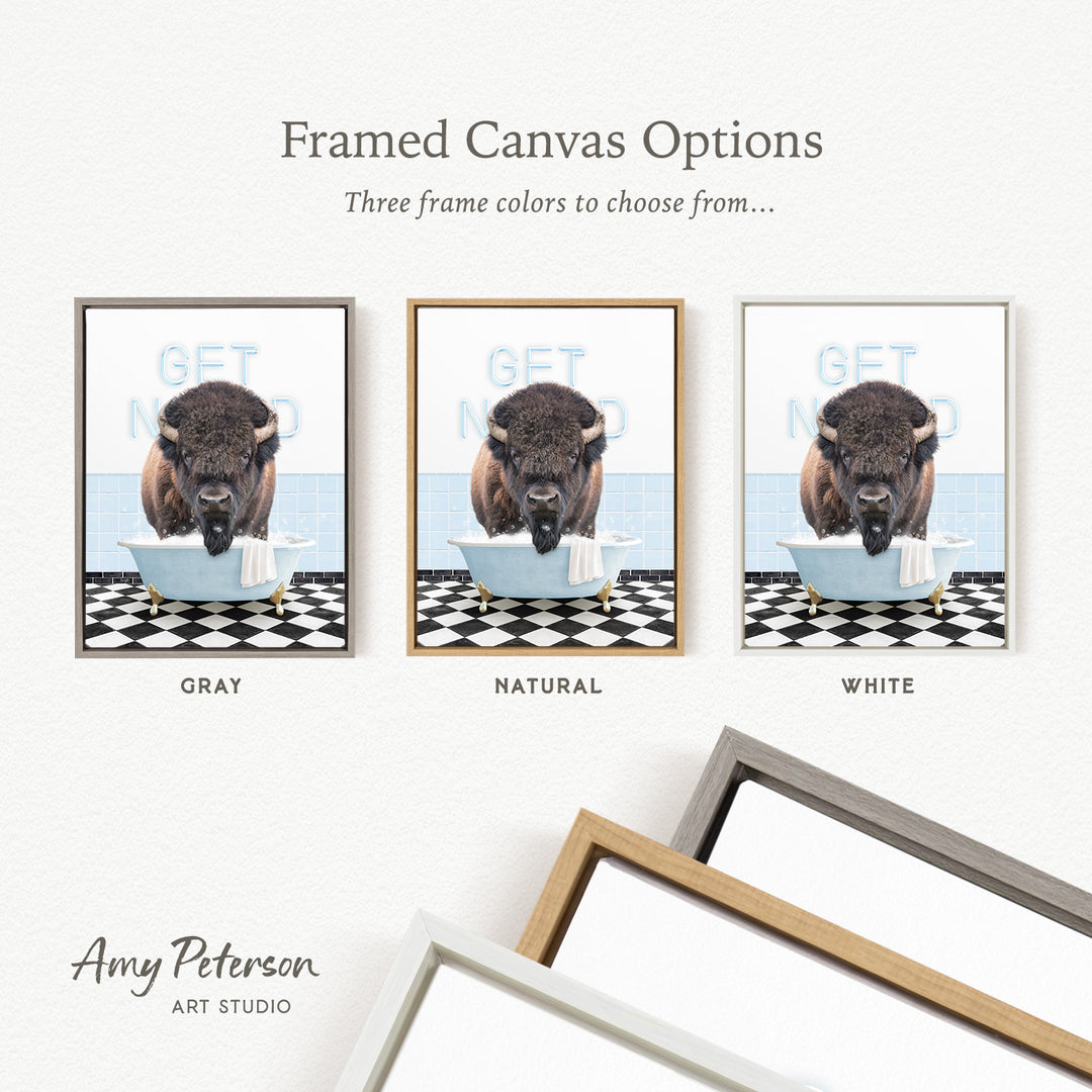 three framed canvas options, each featuring a different color and frame style. The options include a gray frame, a natural frame, and a white frame. The text above the options reads " Framed Canvas Options Three frame colors to choose from...".