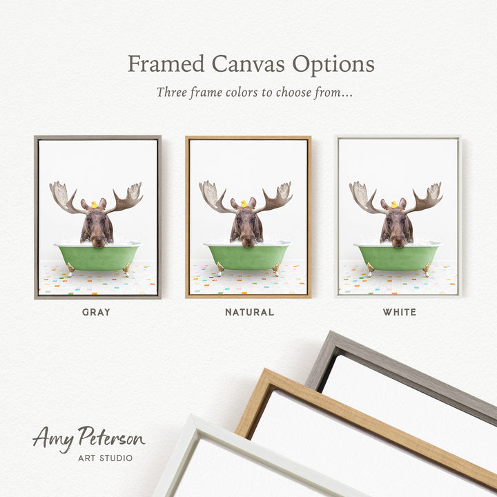 three framed canvas options featuring a moose in a bathtub, with each option having a different frame color.