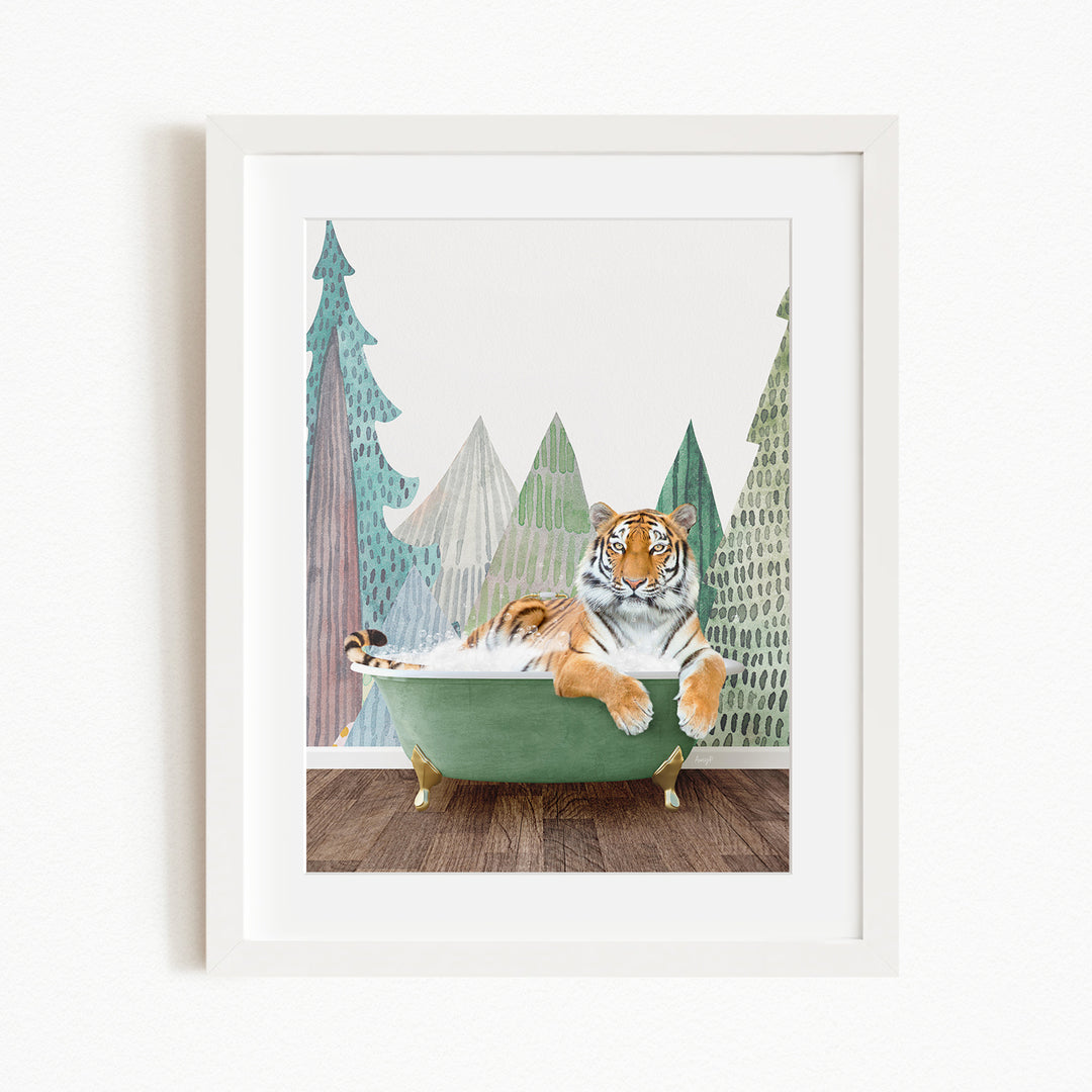A tiger is sitting in a green bathtub, surrounded by a forest scene with trees and a misty atmosphere.