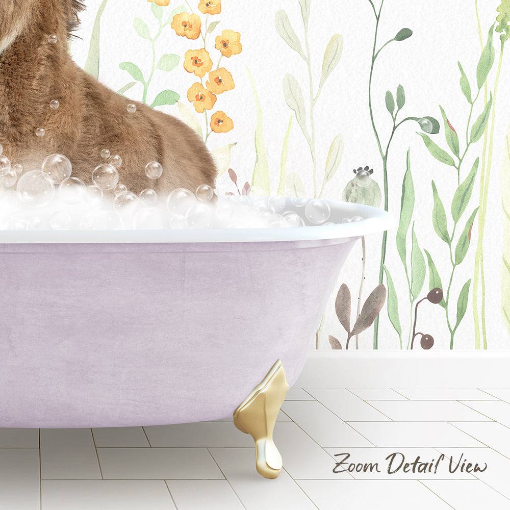 A brown dog is sitting in a purple bathtub filled with bubbles, surrounded by a floral wallpaper.