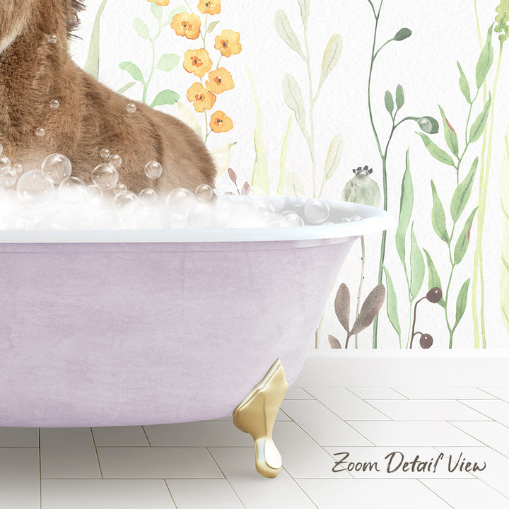 A brown dog is sitting in a purple bathtub filled with bubbles, surrounded by a floral wallpaper.