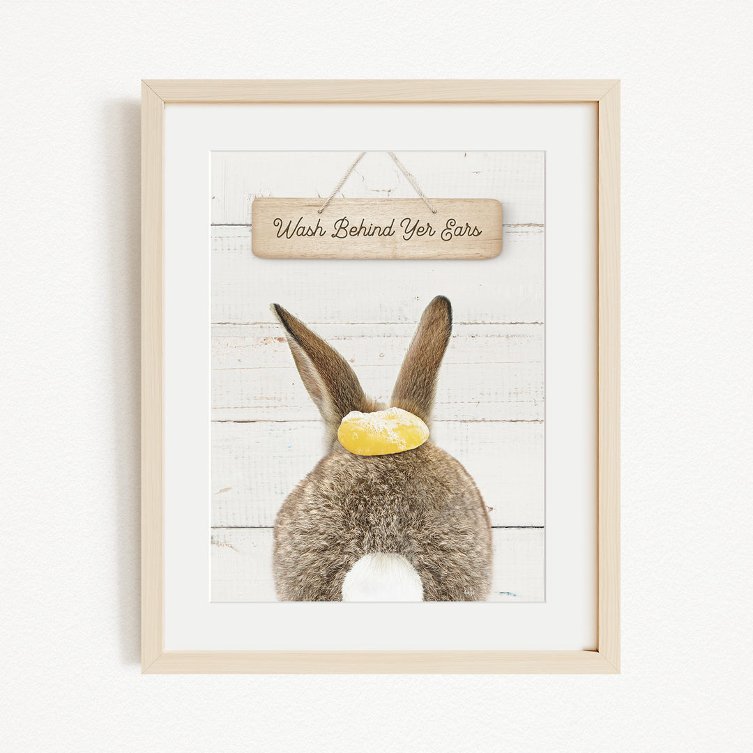 A framed image of a rabbit with a sign that says "Wash Behind Your Ears" hanging above it.