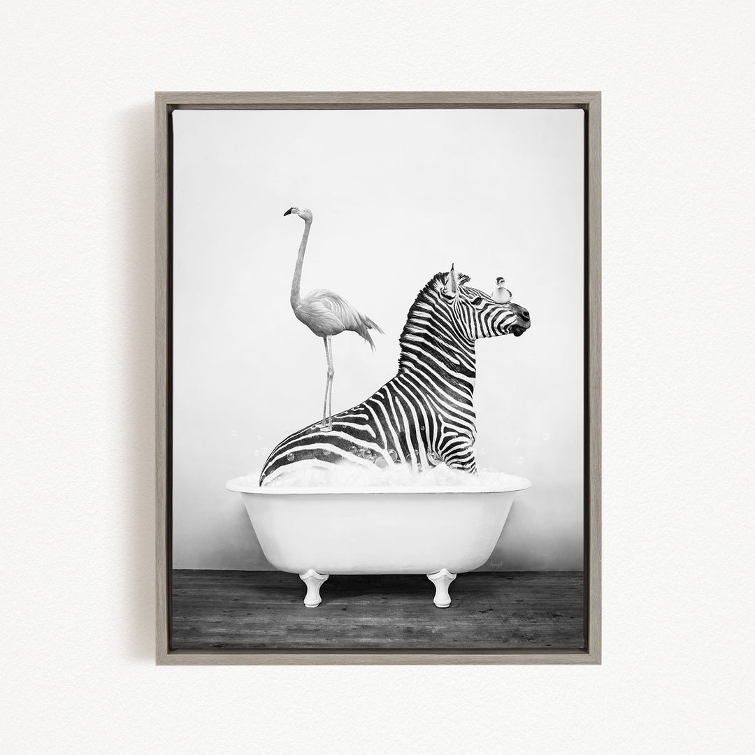 A zebra is sitting in a bathtub filled with water, with a flamingo standing on its back legs and a bird perched on its head.