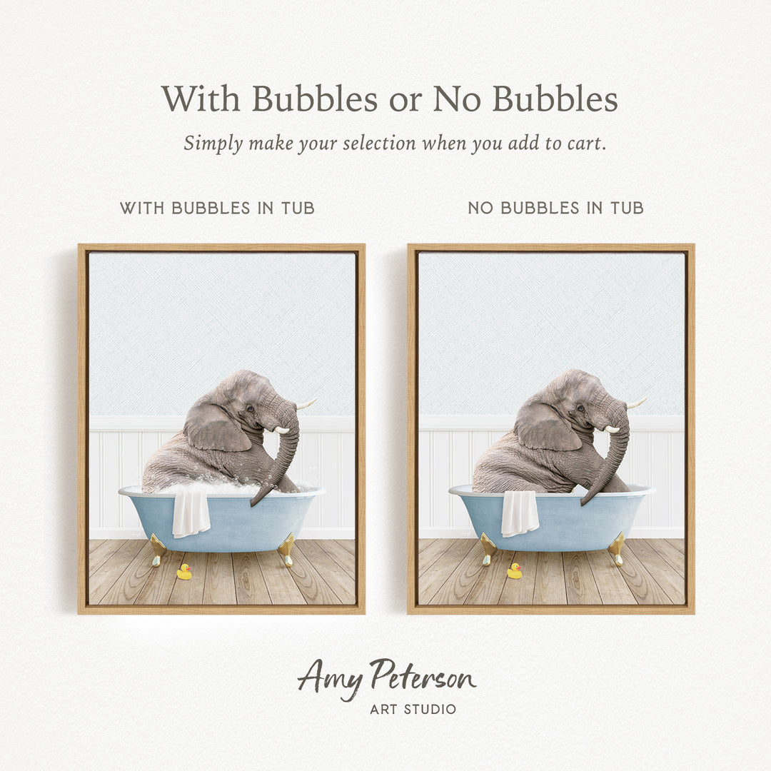 The image is a collage of two pictures, each depicting an elephant sitting in a bathtub. The text above the images reads "With Bubbles or No Bubbles" and below the images, it says "Simply make your selection when you add to cart."