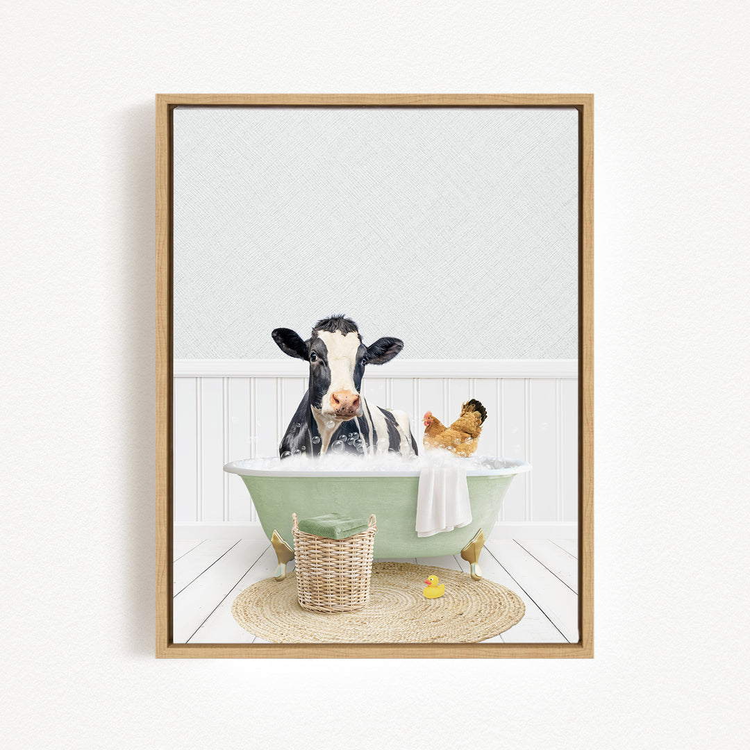 A black and white cow is sitting in a green bathtub filled with water, surrounded by a chicken and a rubber duck.
