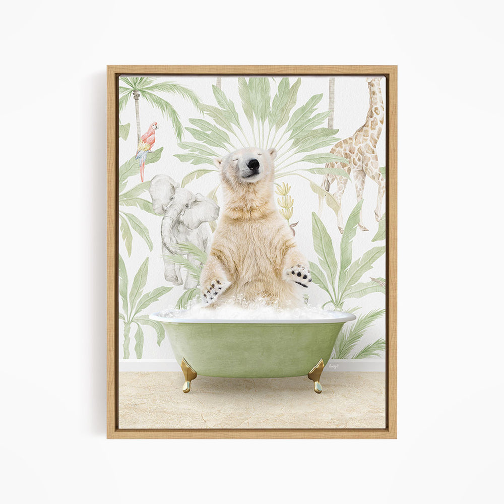 A polar bear sitting in a green bathtub, surrounded by tropical plants and animals, such as a giraffe and a parrot.