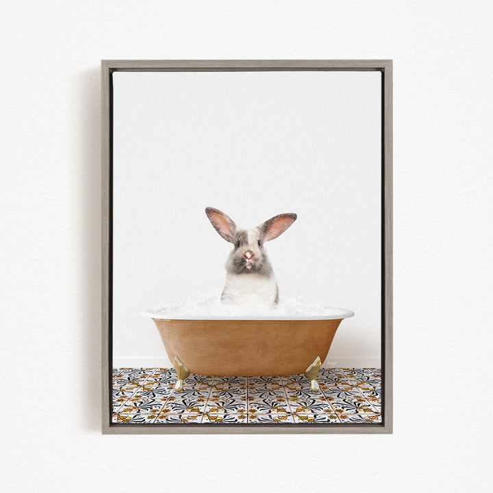 A white rabbit sitting in a brown bathtub filled with water, with a patterned tile floor beneath it.