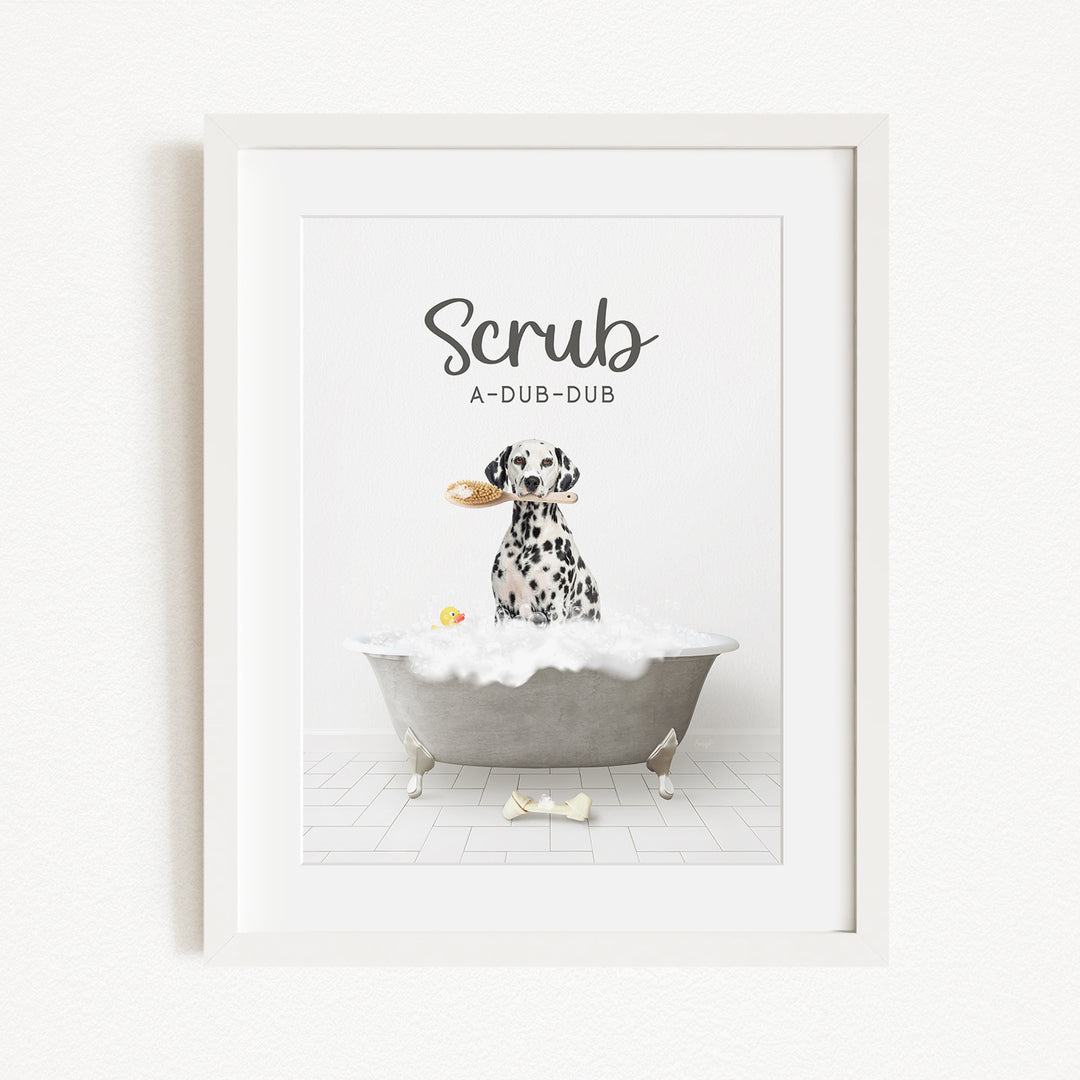 A Dalmatian dog sitting in a bathtub filled with bubbles, holding a toy in its mouth.