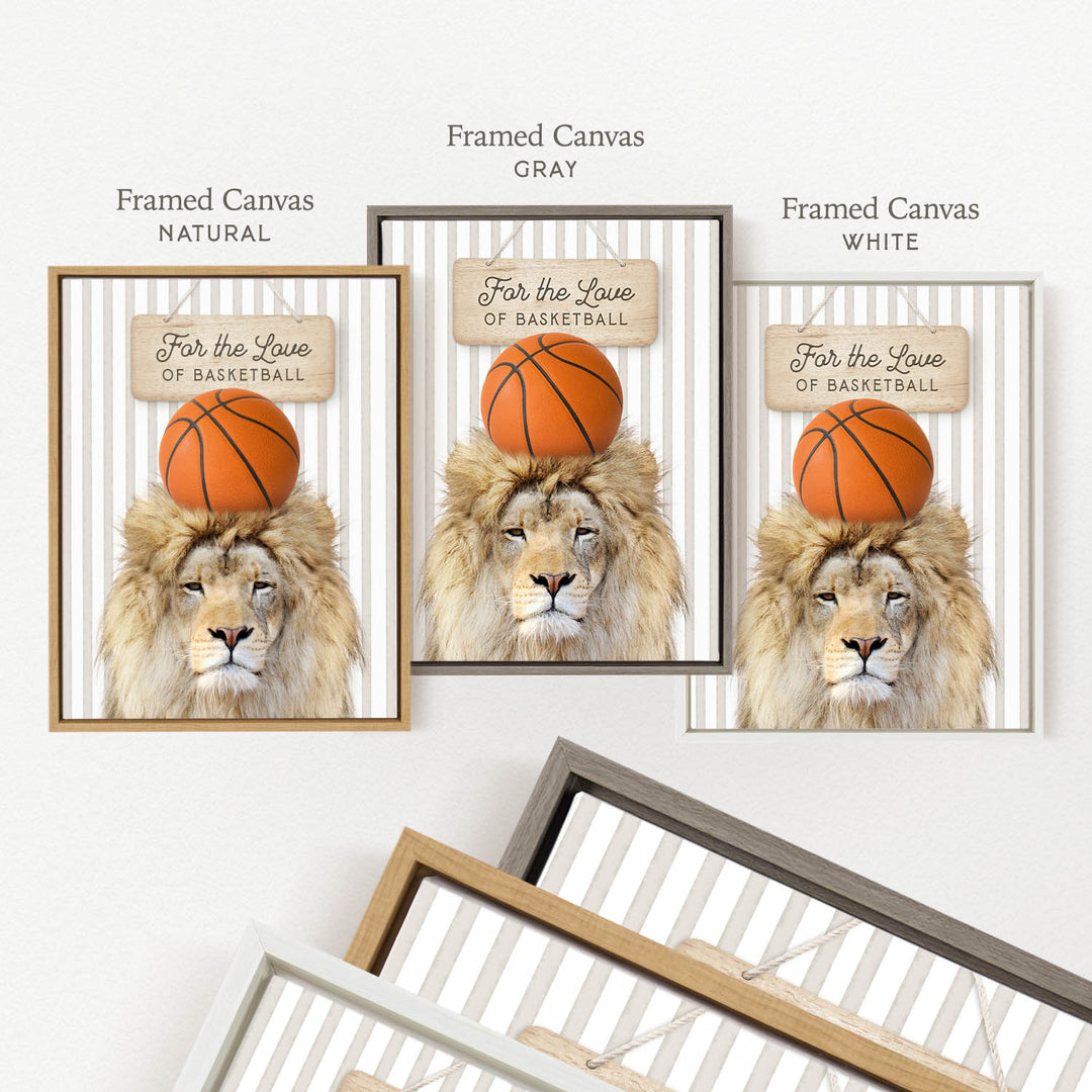 a framed canvas with a lion wearing a basketball hat and holding a basketball. The canvas is labeled with three different color options: " Framed Canvas Natural", " Framed Canvas Gray", and " Framed Canvas White".