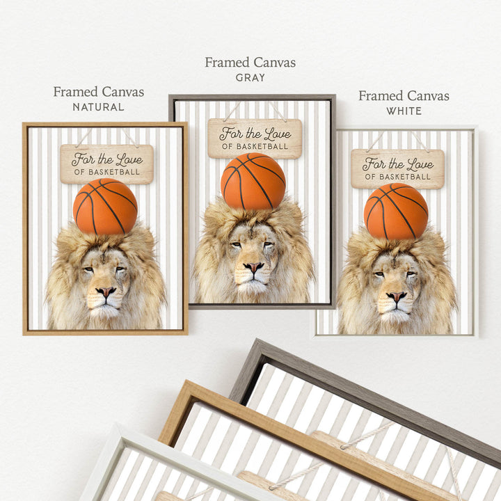 a framed canvas with a lion wearing a basketball hat and holding a basketball. The canvas is labeled with three different color options: " Framed Canvas Natural", " Framed Canvas Gray", and " Framed Canvas White".