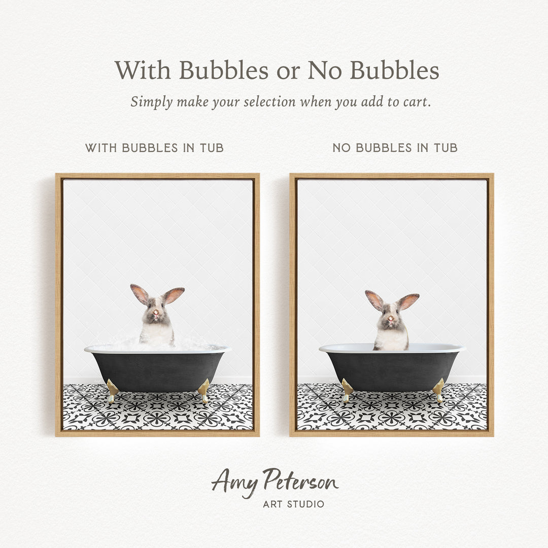 The image is a collage of two framed pictures, each featuring a rabbit sitting in a bathtub. The text above the images reads "With Bubbles or No Bubbles" and below the images, it says "Simply make your selection when you add to cart."