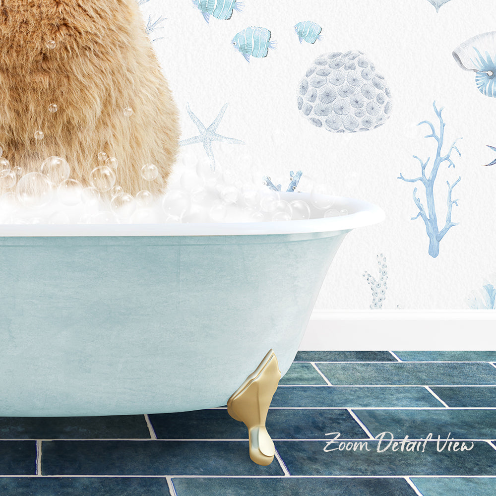 A cat sitting in a bathtub filled with bubbles, with a blue and white underwater wallpaper in the background.