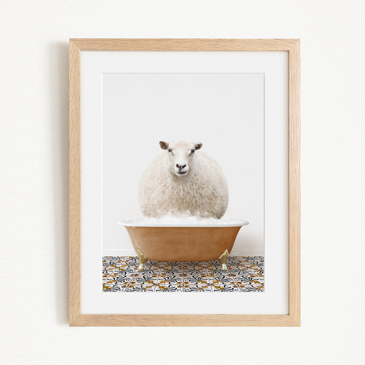 A white sheep sits in a brown bathtub filled with bubbles, creating a whimsical and playful scene.