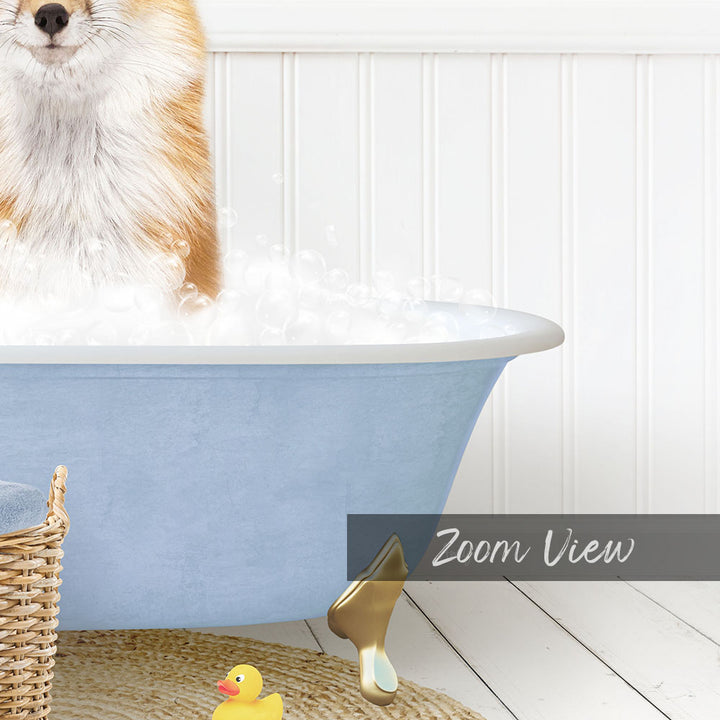 A fluffy dog is sitting in a blue bathtub filled with bubbles, surrounded by rubber ducks and a basket.
