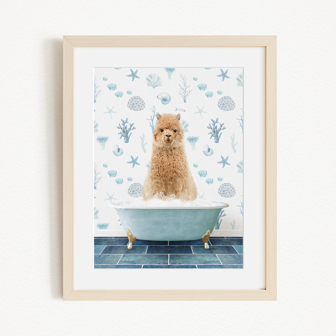 A fluffy brown dog sitting in a blue bathtub filled with bubbles, surrounded by a blue and white patterned wall.