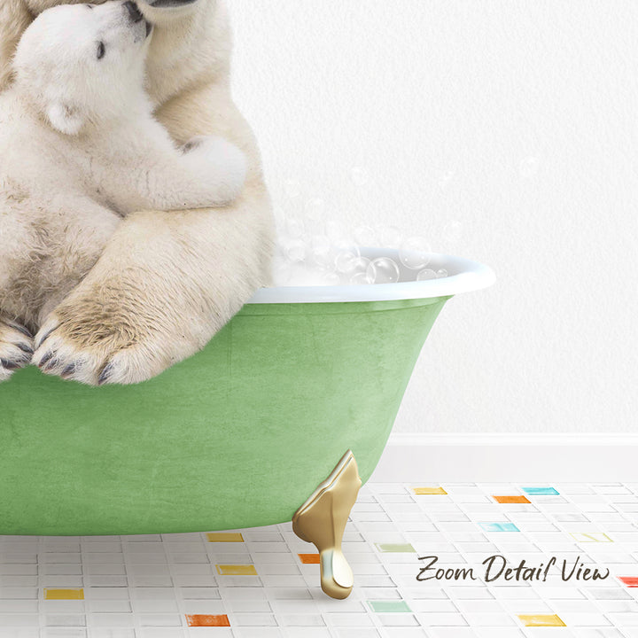 A polar bear is sitting in a green bathtub, with bubbles around it, and a text overlay that reads "Zoom Detail View".