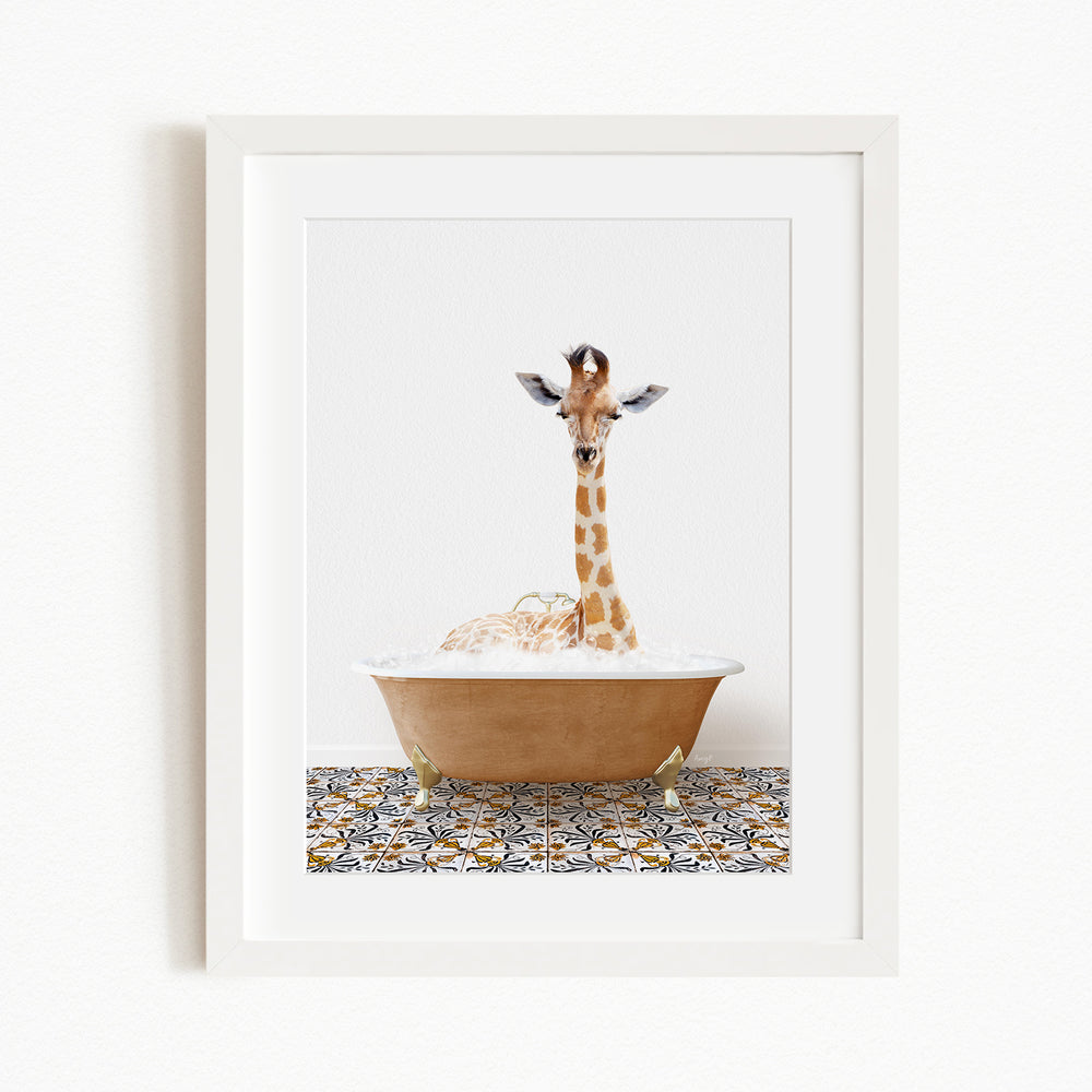 A giraffe sitting in a bathtub filled with bubbles, creating a whimsical and playful scene.