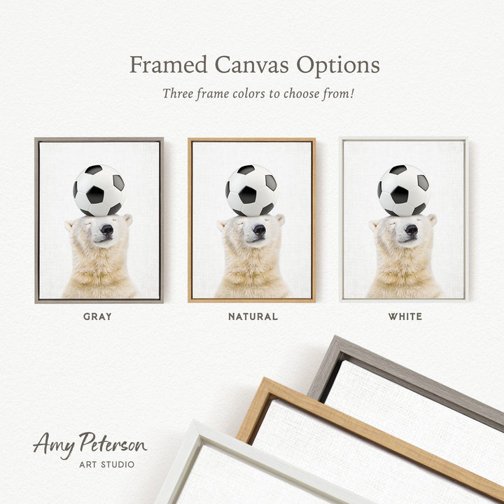 The image is a framed canvas option featuring three different colored frames, each containing a polar bear holding a soccer ball.