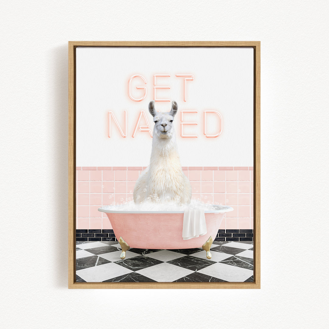 A white llama sitting in a pink bathtub with the text "GET NAKED" displayed above it.