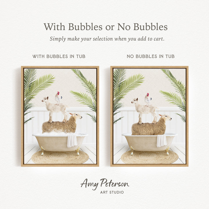 The image is a collage of two framed pictures, each depicting a sheep standing in a bathtub. The text above the images reads "With Bubbles or No Bubbles" and below the images, it says "Simply make your selection when you add to cart."